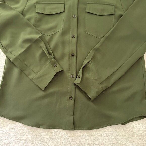 Olive Green Top Size Large Button Front Long Sleeve Blouse Fall Utility Neutral - Picture 10 of 10